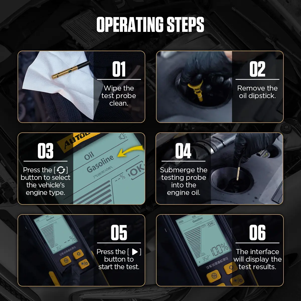 AUTOOL AS503 operating steps for wiping probe removing dipstick selecting engine type submerging probe starting test and reading results