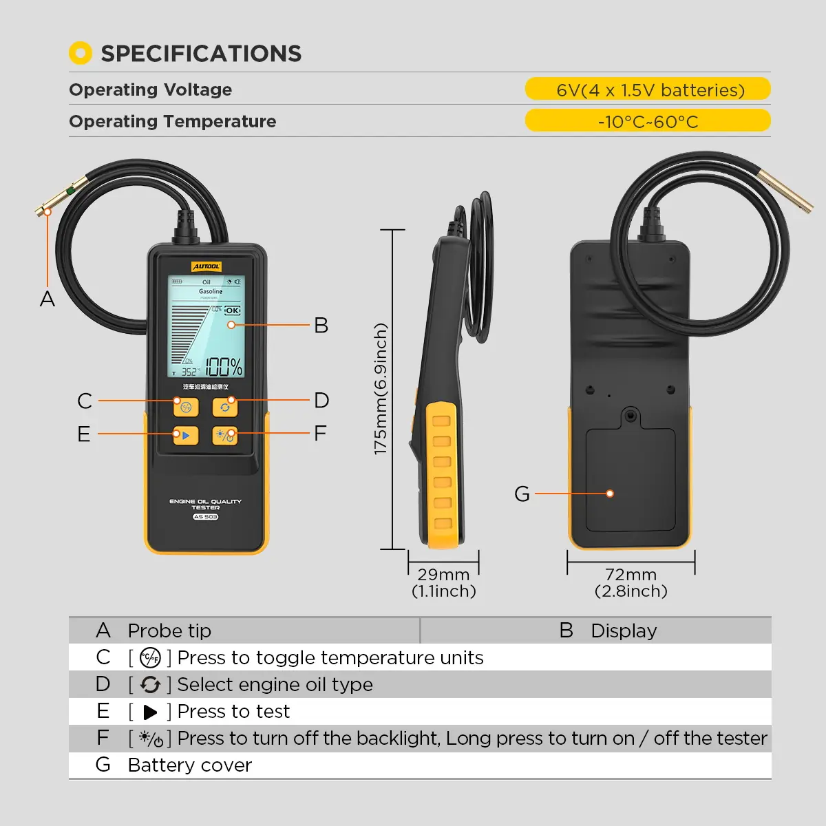 AUTOOL AS503 specifications including operating voltage operating temperature dimensions and button functions