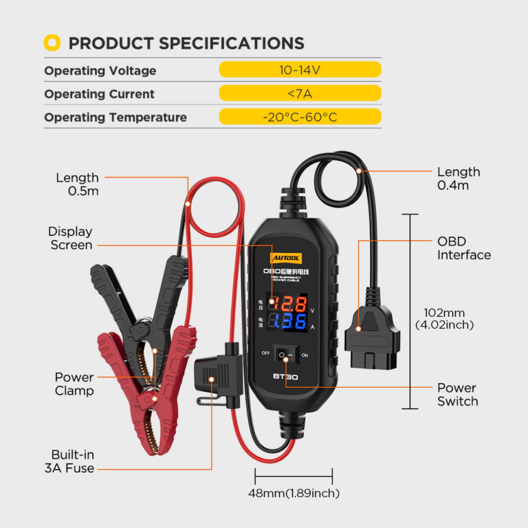 AUTOOL BT30 ECU Emergency Power Supply Cable Includes 3A Fuse
