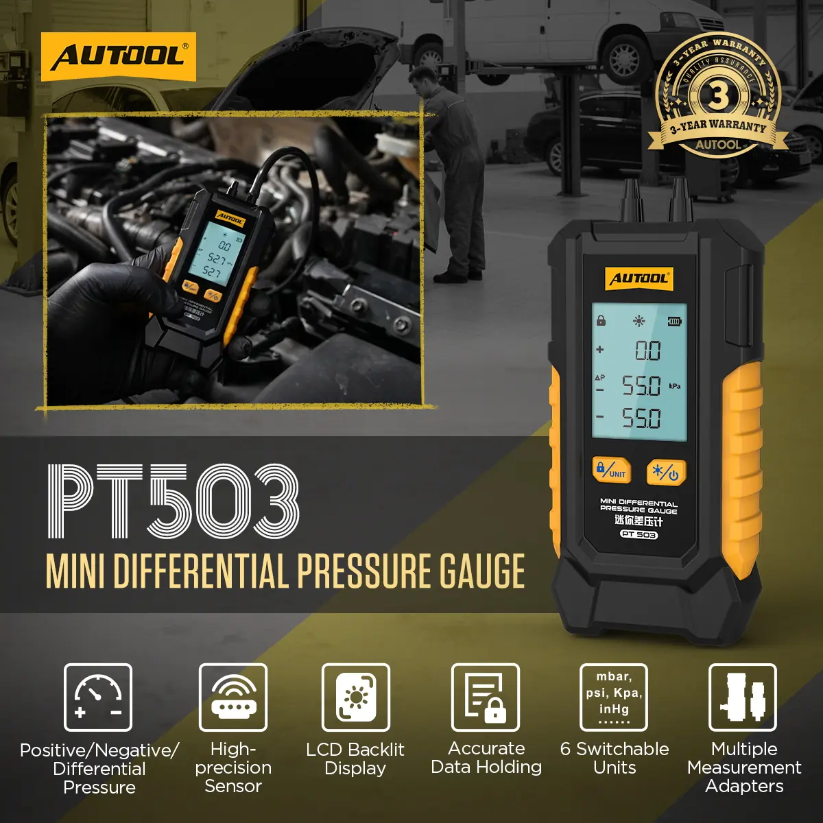 AUTOOL PT503 mini differential pressure gauge main product image for automotive pressure testing