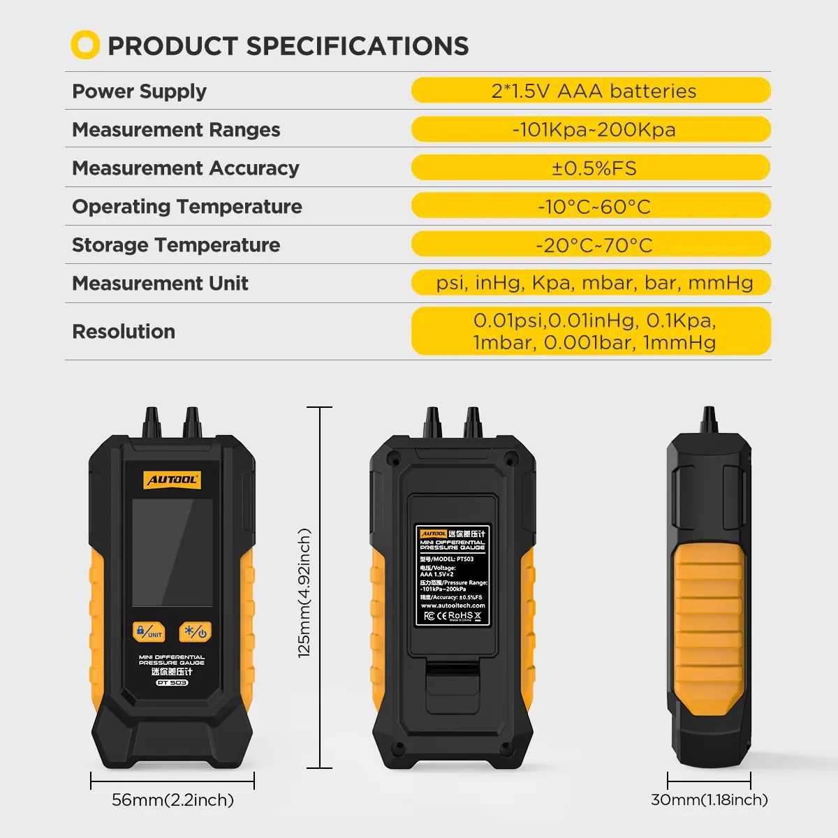 AUTOOL PT503 product specifications size weight pressure range and accuracy image
