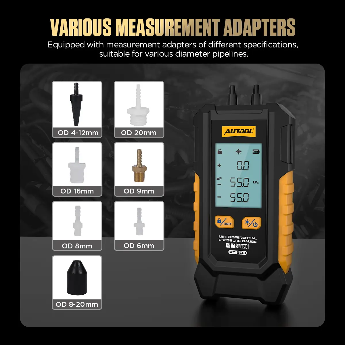 AUTOOL PT503 versatile measurement adapters for different connector sizes