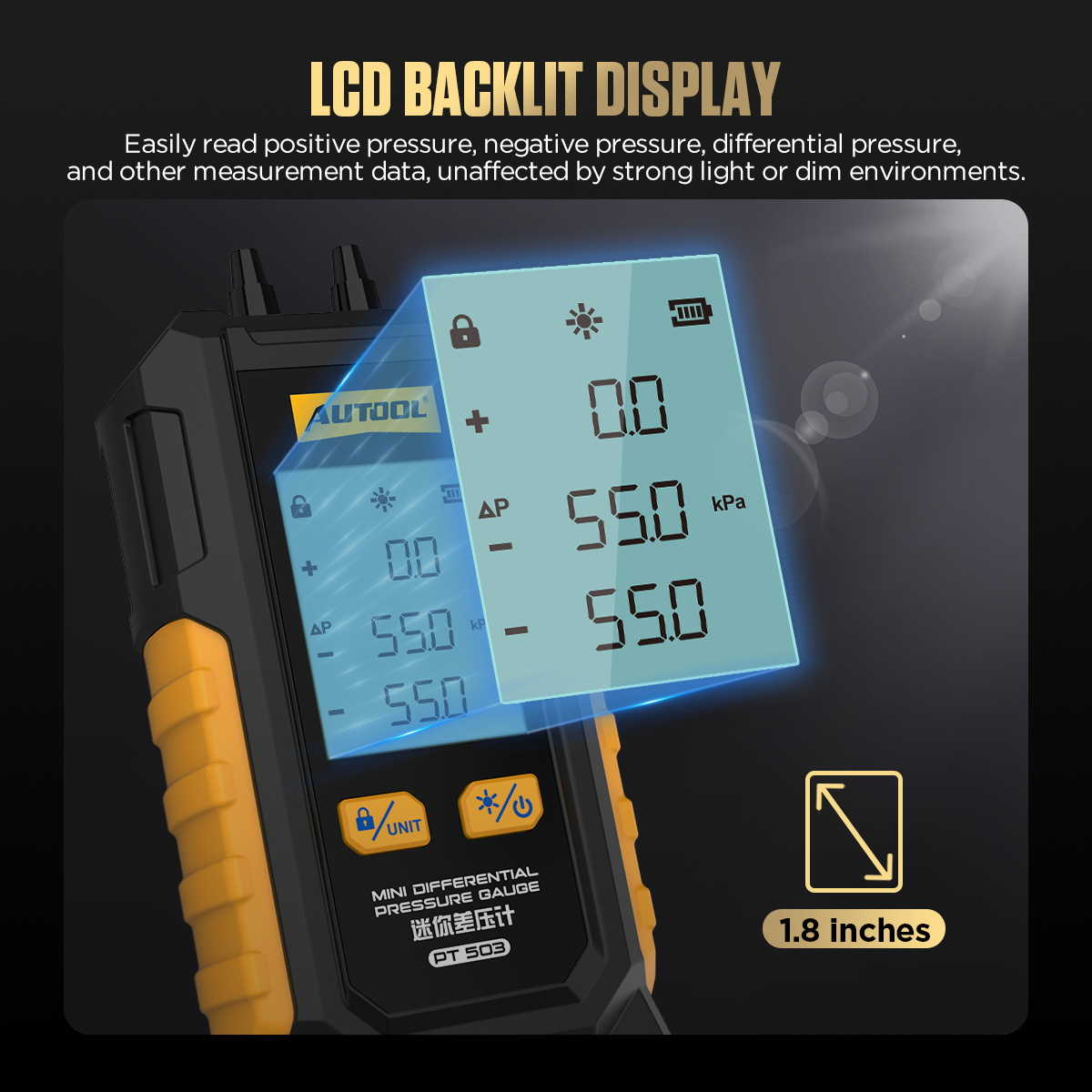 AUTOOL PT503 1.8 inch LCD backlit display feature