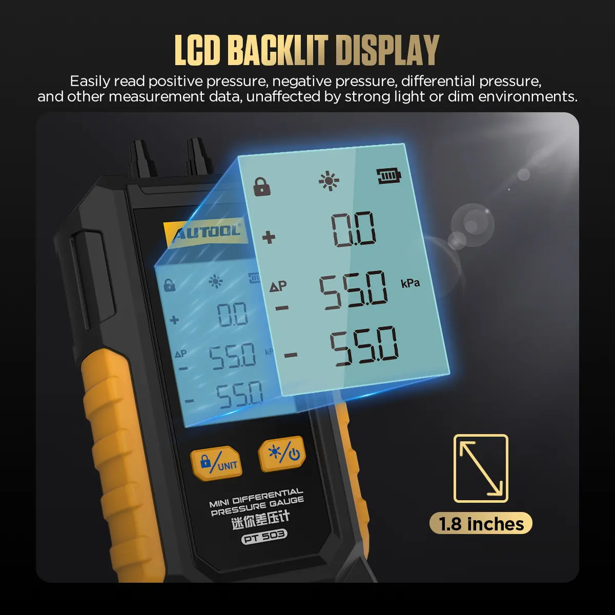 AUTOOL PT503 1.8 inch LCD backlit display feature