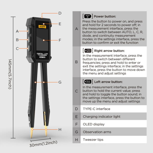 AUTOOL DM103 Digital LCR Tweezer for Resistance Capacitance and Inductance