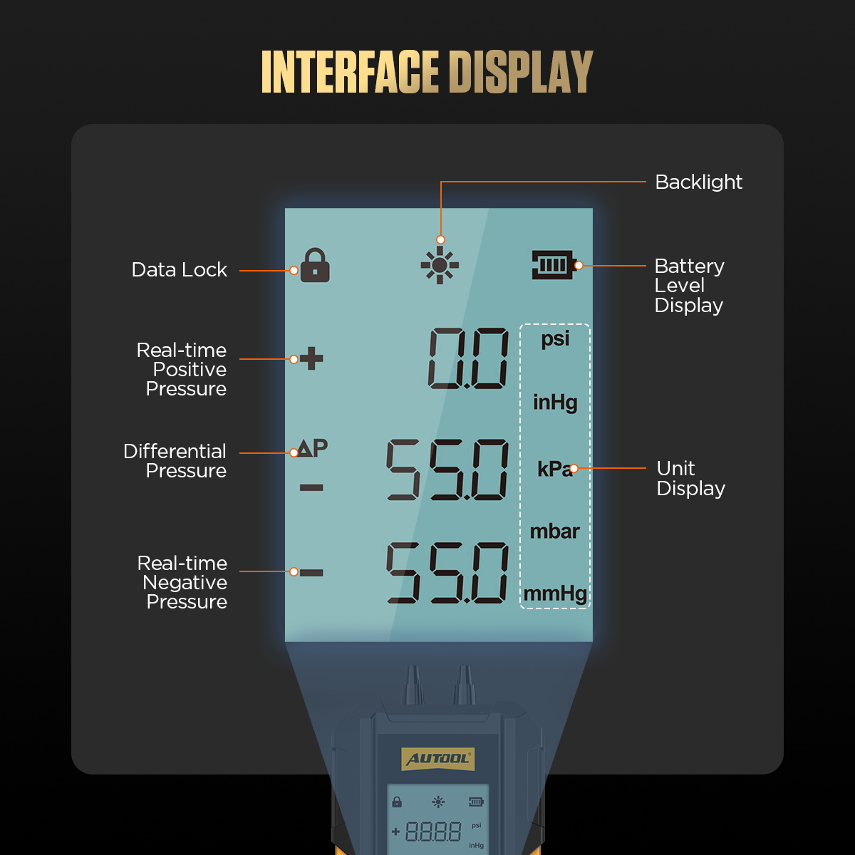 AUTOOL PT503 interface display symbols pressure unit data lock battery and backlight indicators