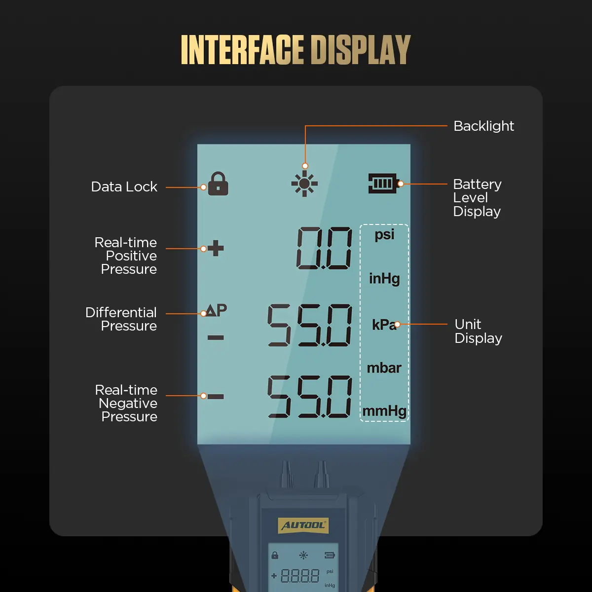 AUTOOL PT503 interface display symbols pressure unit data lock battery and backlight indicators
