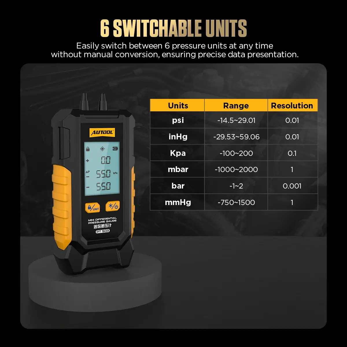 AUTOOL PT503 six pressure units switch feature