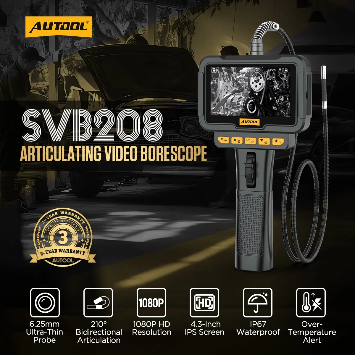 AUTOOL SVB208 automotive borescope camera main product image with 210 degree steering 6.25mm probe and IP67 probe