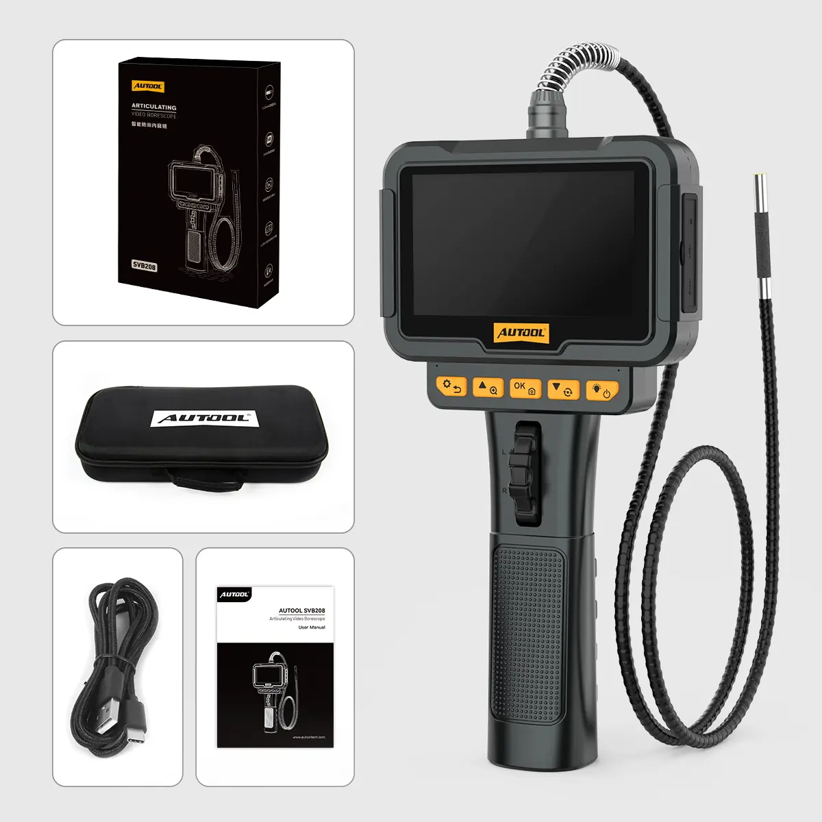 AUTOOL SVB208 packing list with borescope camera carrying case cable manual and retail box