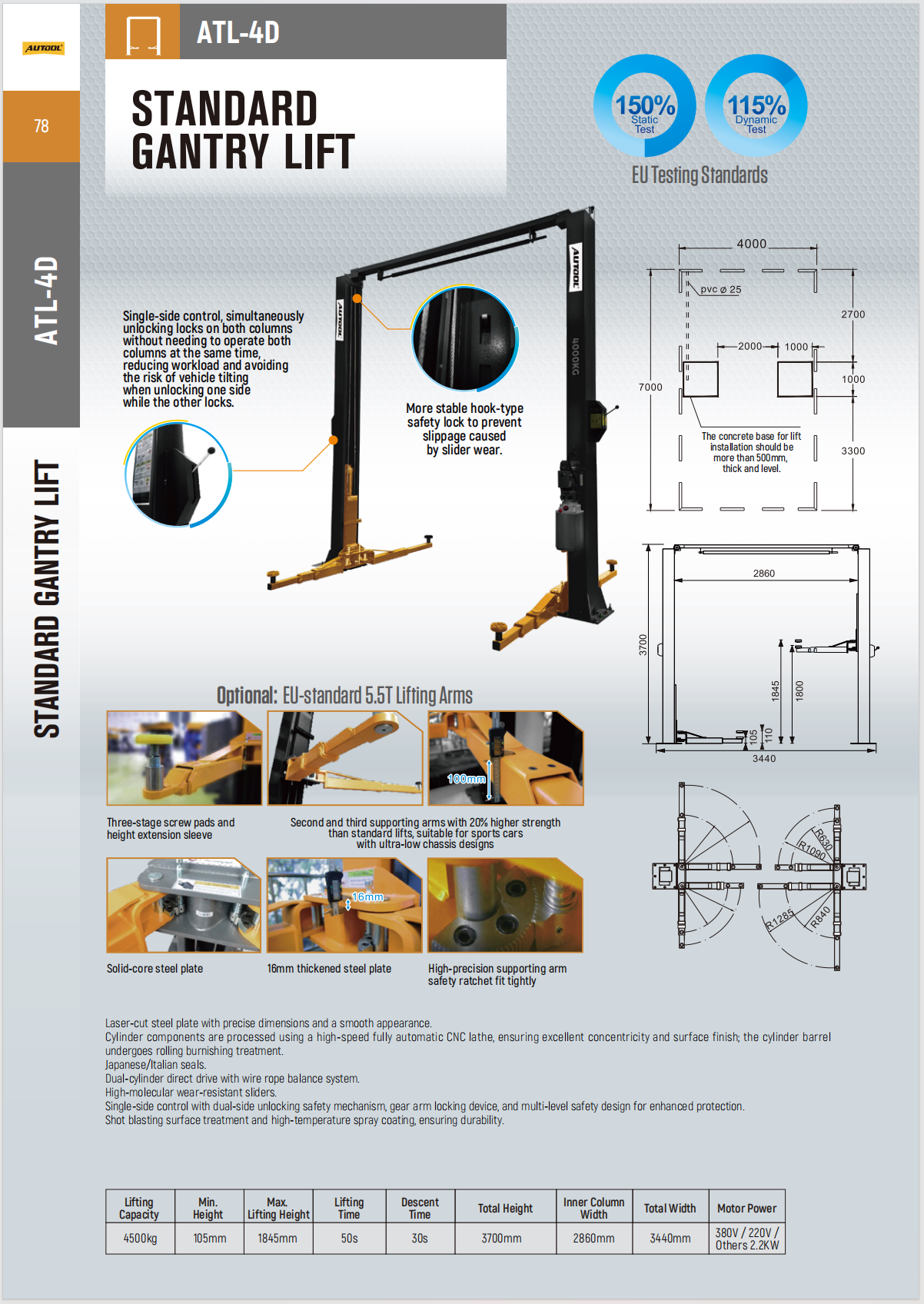 AUTOOL ATL-4D standard gantry lift technical data, dimensions, optional arms, floor layout, and safety lock image