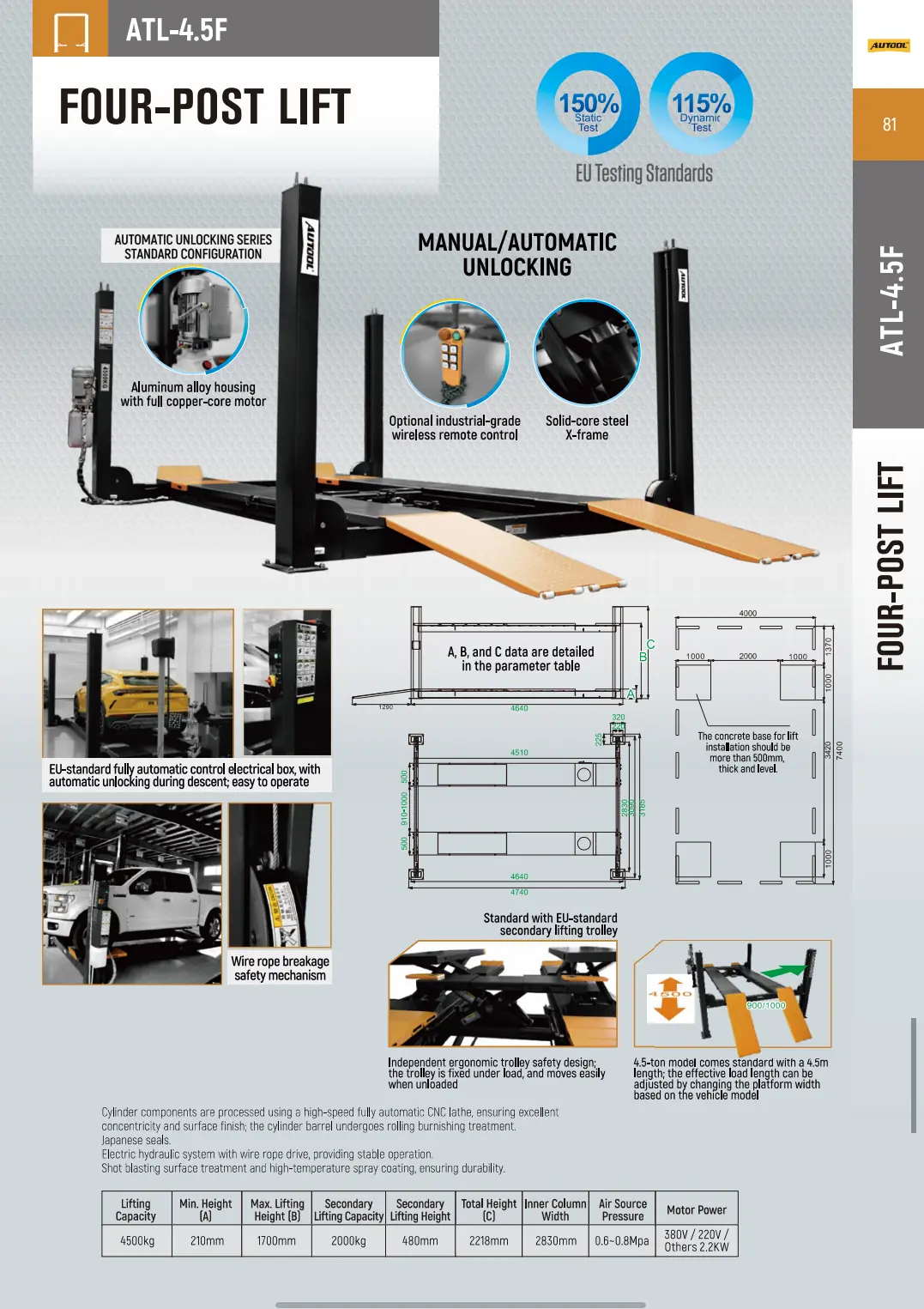 AUTOOL ATL-4.5F four post lift product structure dimensions installation and specification data