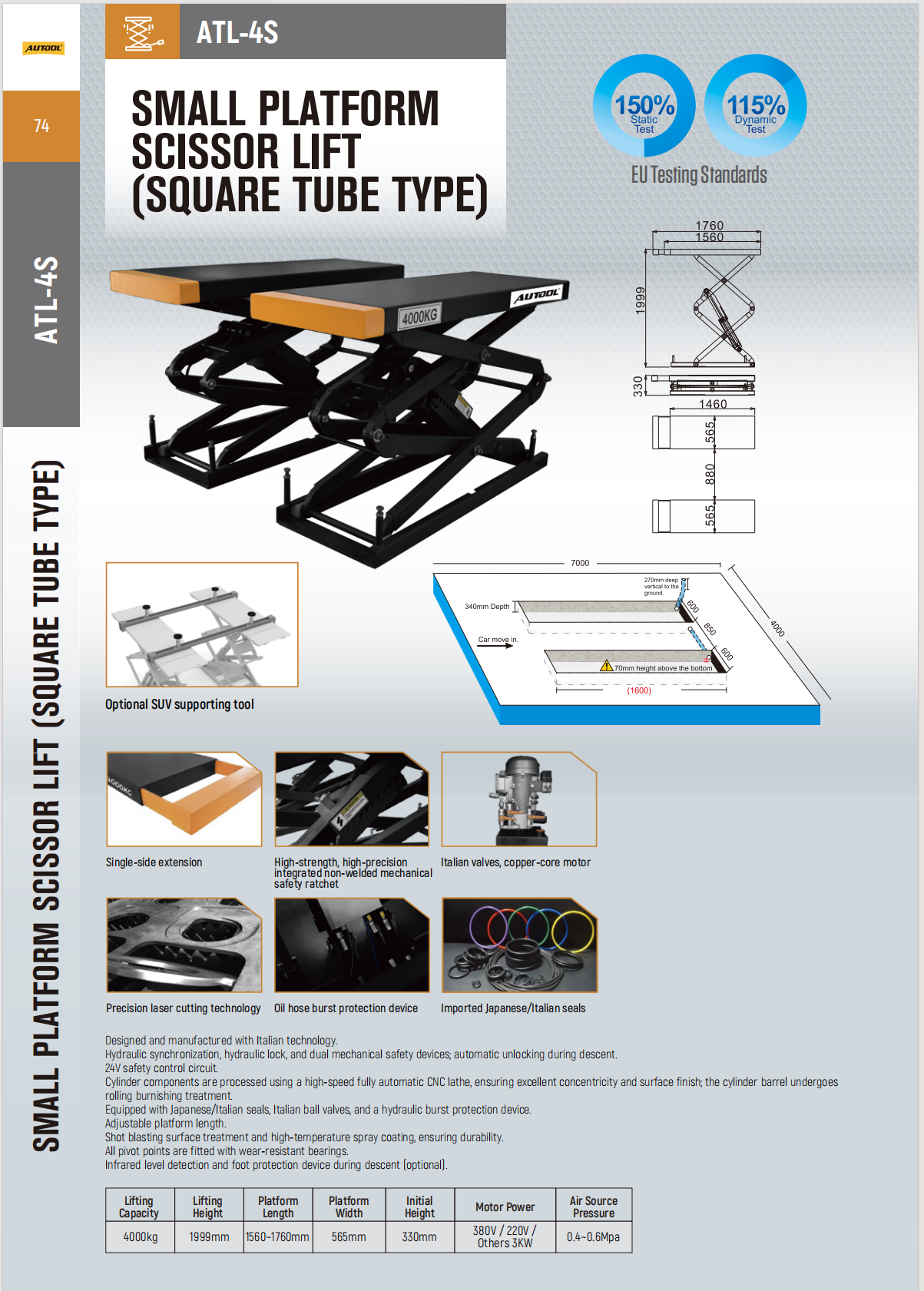 AUTOOL ATL-4S small platform scissor car lift square tube type dimensions and feature overview