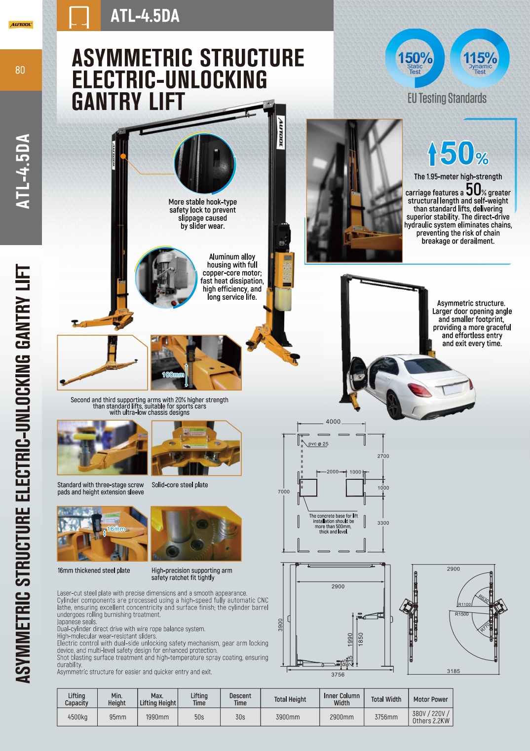 AUTOOL ATL-4.5DA asymmetric structure electric-unlocking gantry lift detailed view with structure, dimensions and specifications