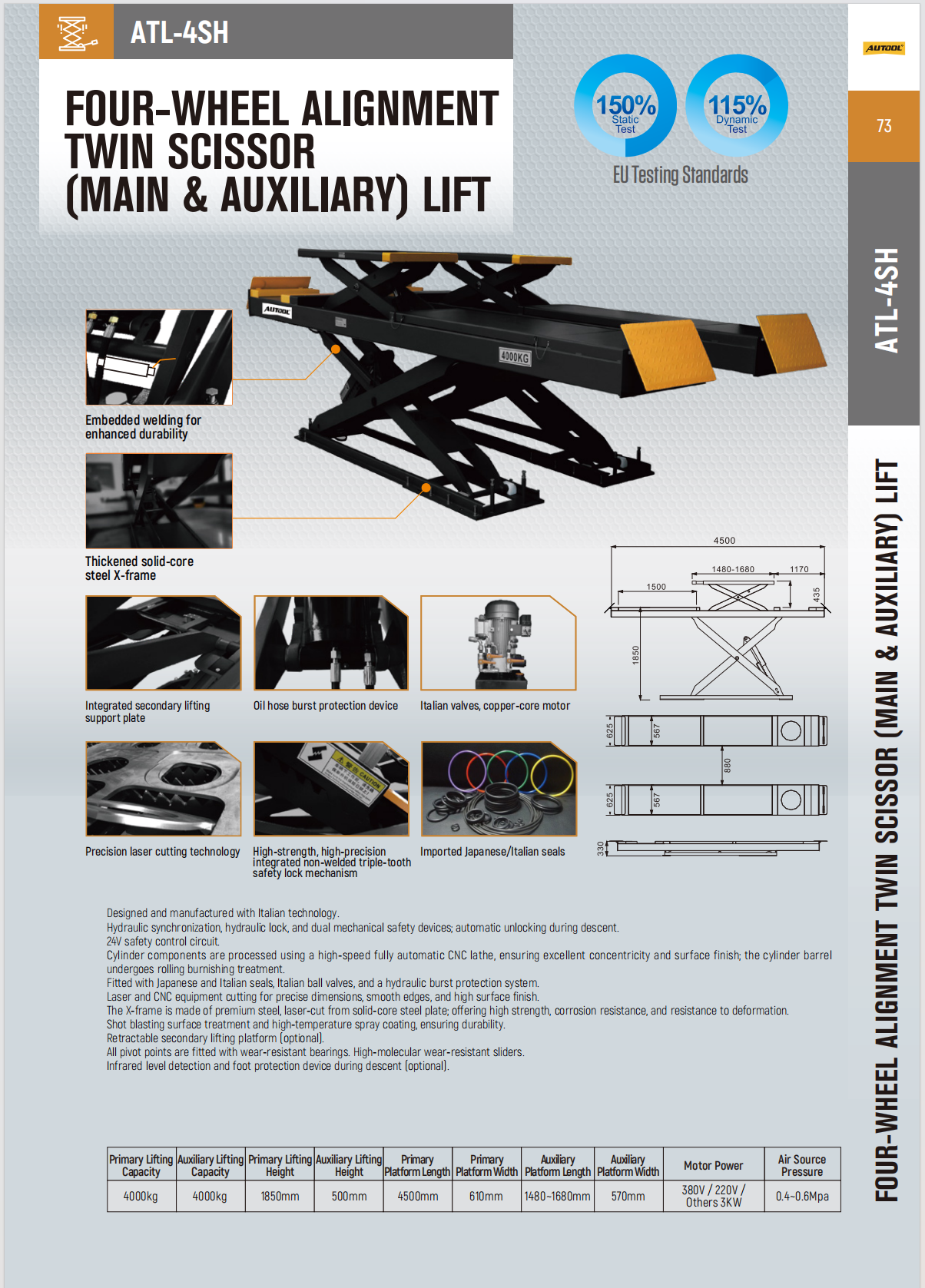 AUTOOL ATL-4SH four-wheel alignment twin scissor car lift overview, features, dimensions, and specifications
