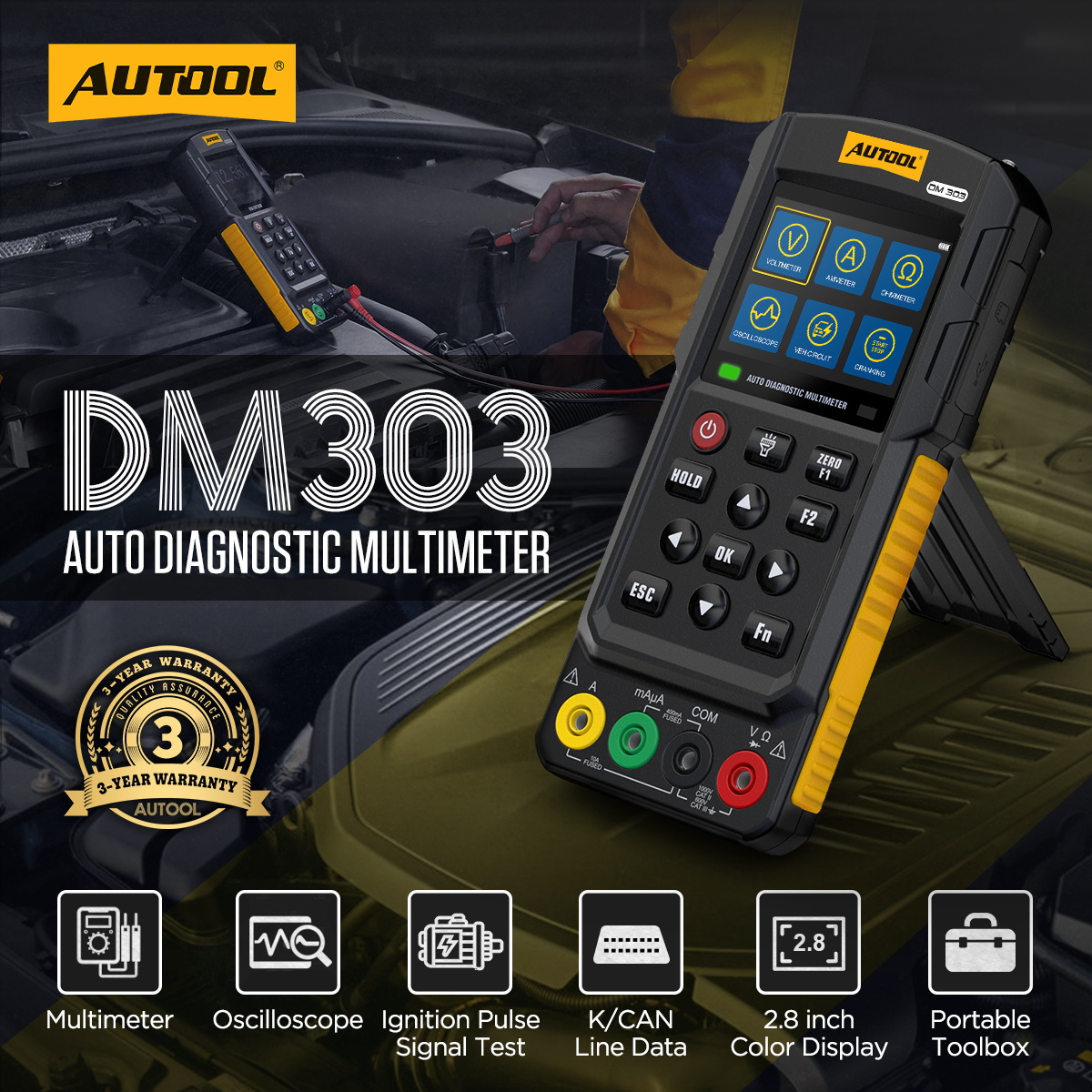 AUTOOL DM303 auto diagnostic multimeter with multimeter oscilloscope ignition pulse K CAN line data color display and toolbox features