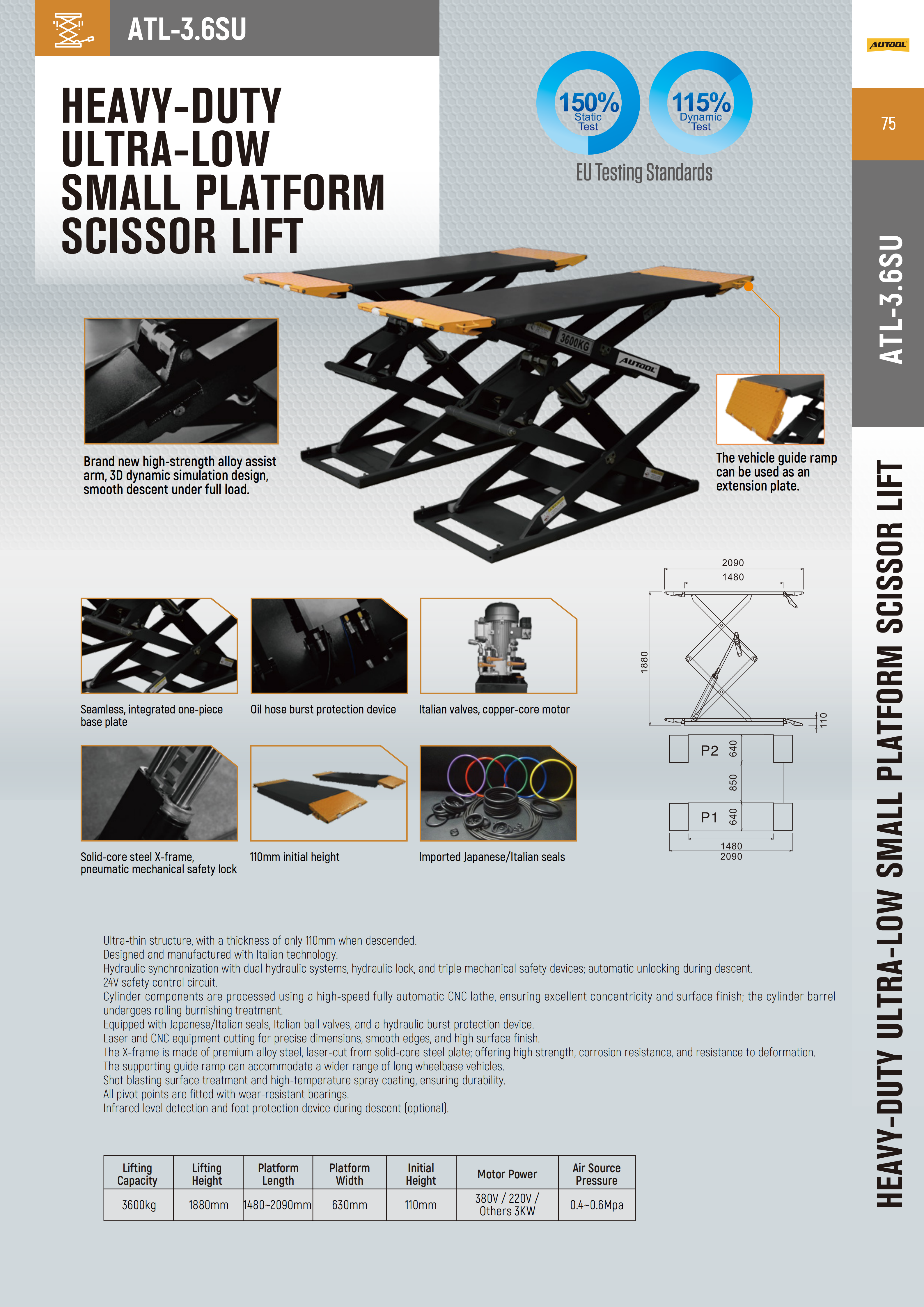 AUTOOL ATL-3.6SU scissor lift product data, structure details, dimensions and specifications