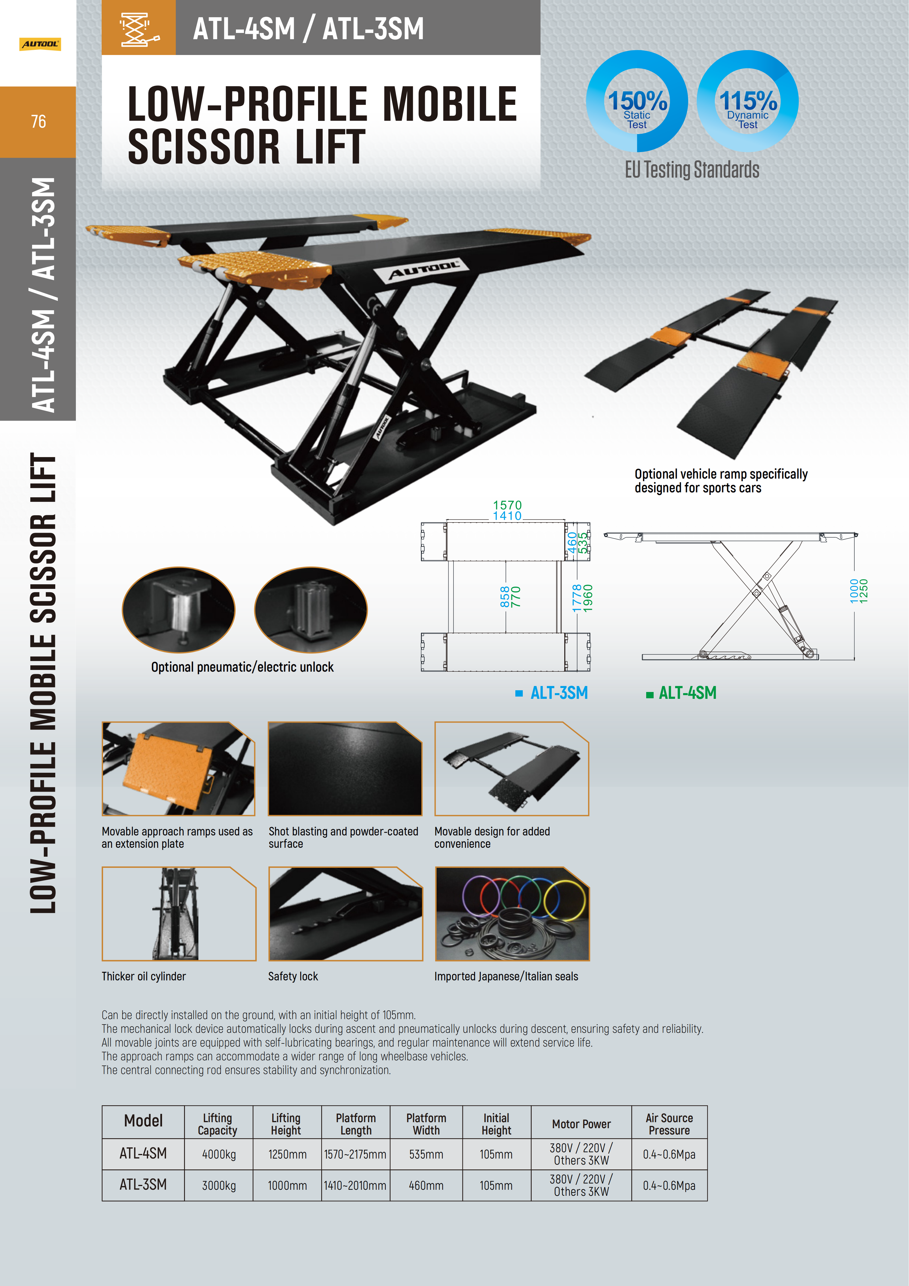 AUTOOL ATL-4SM and ATL-3SM low-profile mobile scissor lift catalog and specification comparison chart