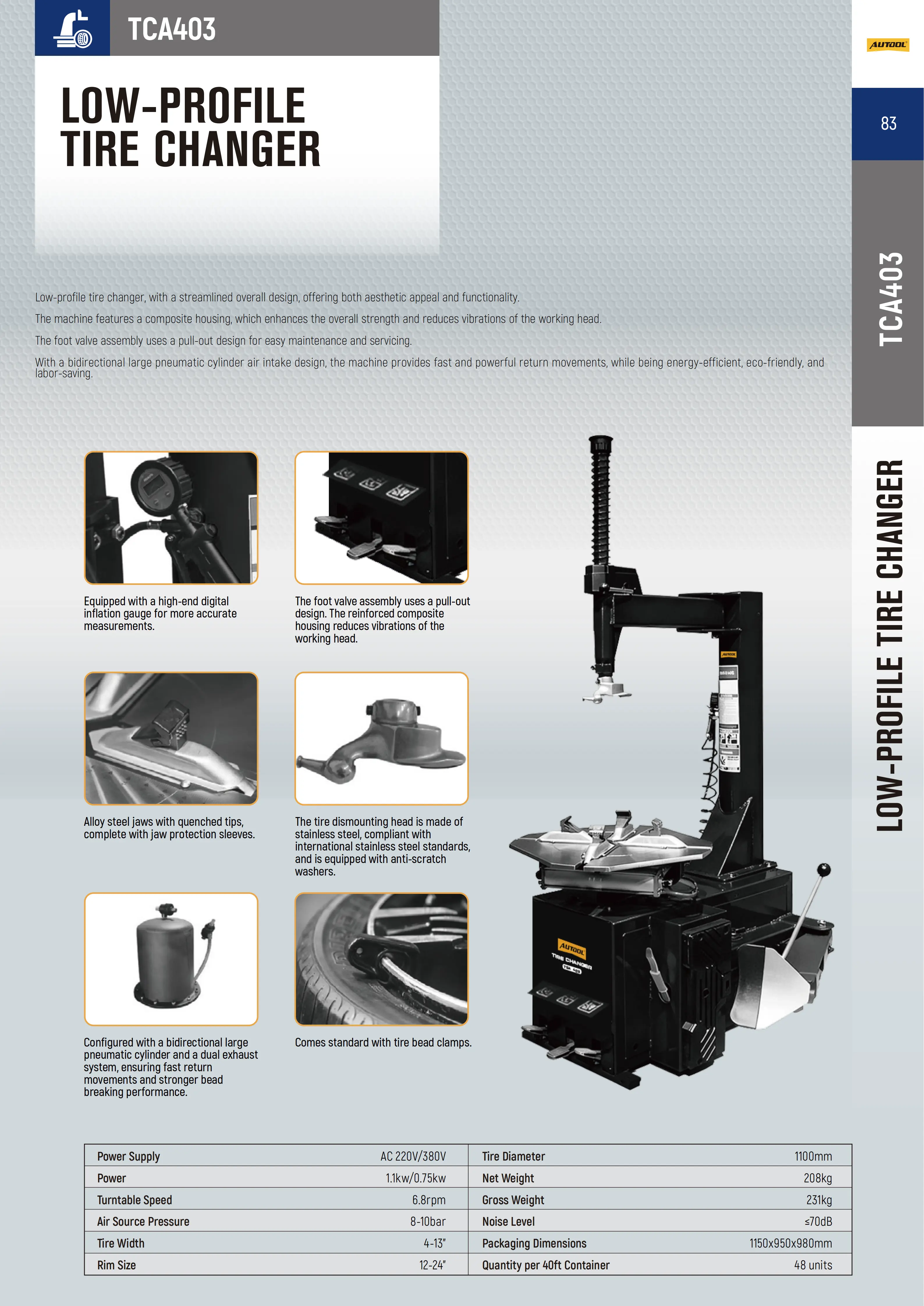 AUTOOL TCA403 low-profile tire changer detailed view with functions and specifications