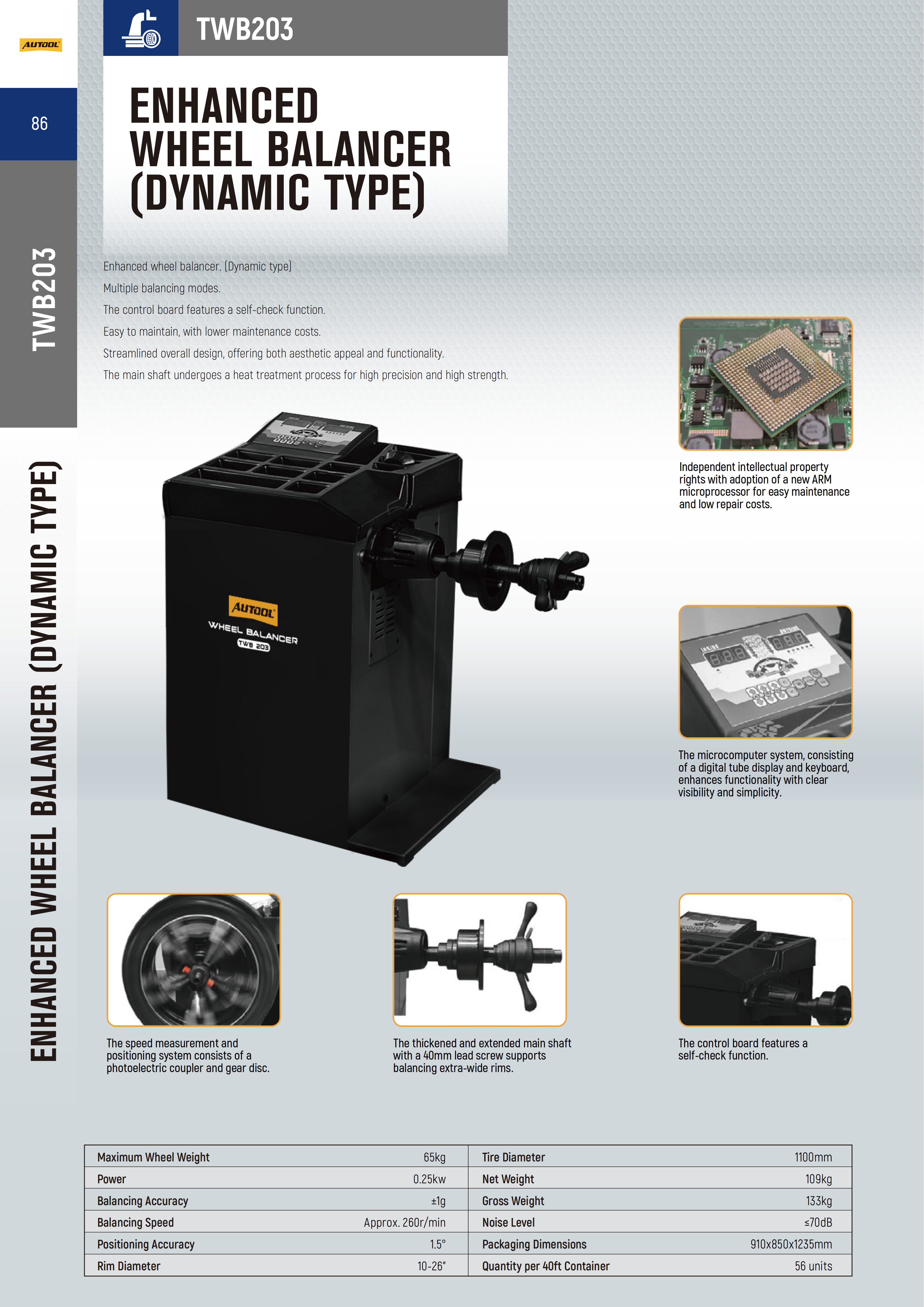 AUTOOL TWB203 enhanced dynamic wheel balancer feature and specification chart