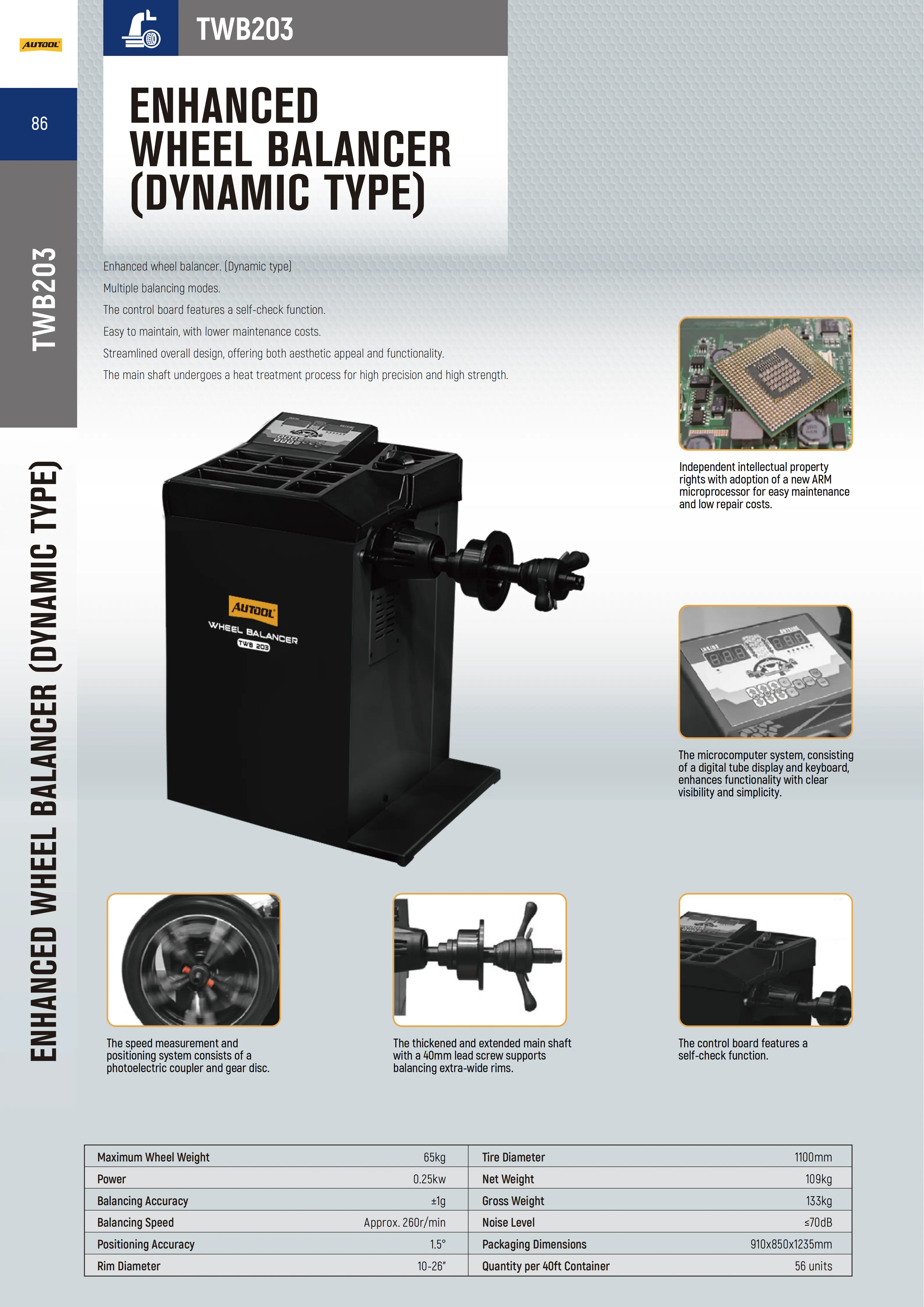 AUTOOL TWB203 enhanced dynamic wheel balancer feature and specification chart
