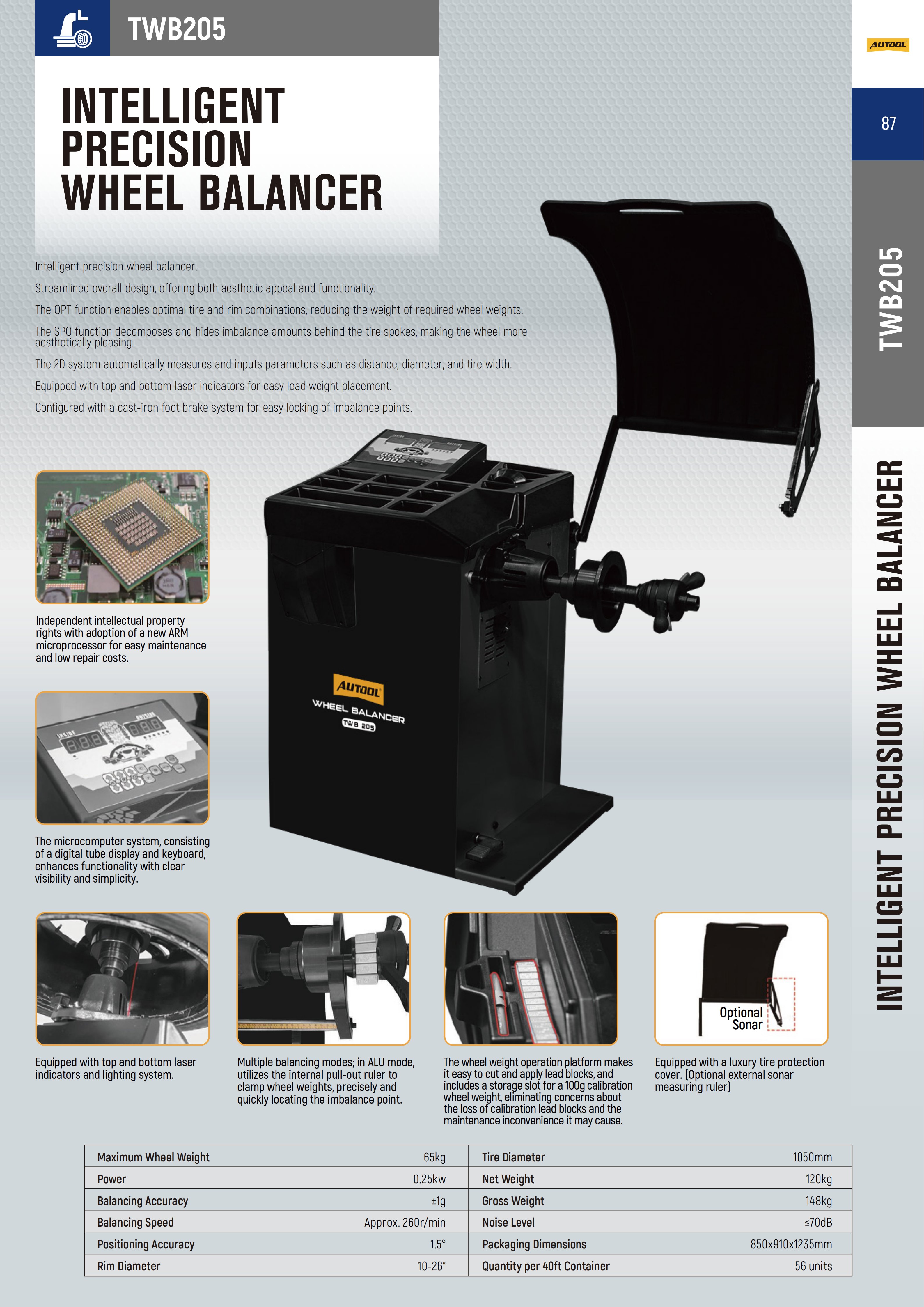 AUTOOL TWB205 intelligent precision wheel balancer feature and specification chart