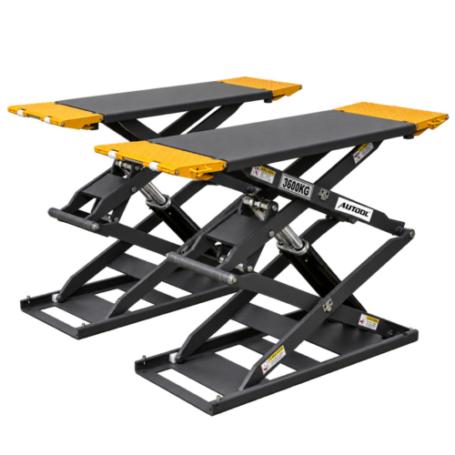 AUTOOL ATL-3.6SU heavy-duty ultra-low small platform scissor car lift with 3600KG lifting capacity, black and yellow automotive workshop lift.