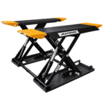 AUTOOL ATL-4SM ATL-3SM low-profile mobile garage scissor lift in raised position with hydraulic cylinders and black and yellow lifting platforms.