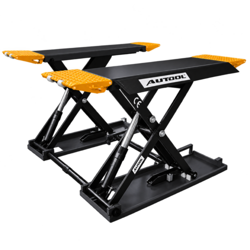 AUTOOL ATL-4SM ATL-3SM low-profile mobile garage scissor lift in raised position with hydraulic cylinders and black and yellow lifting platforms.