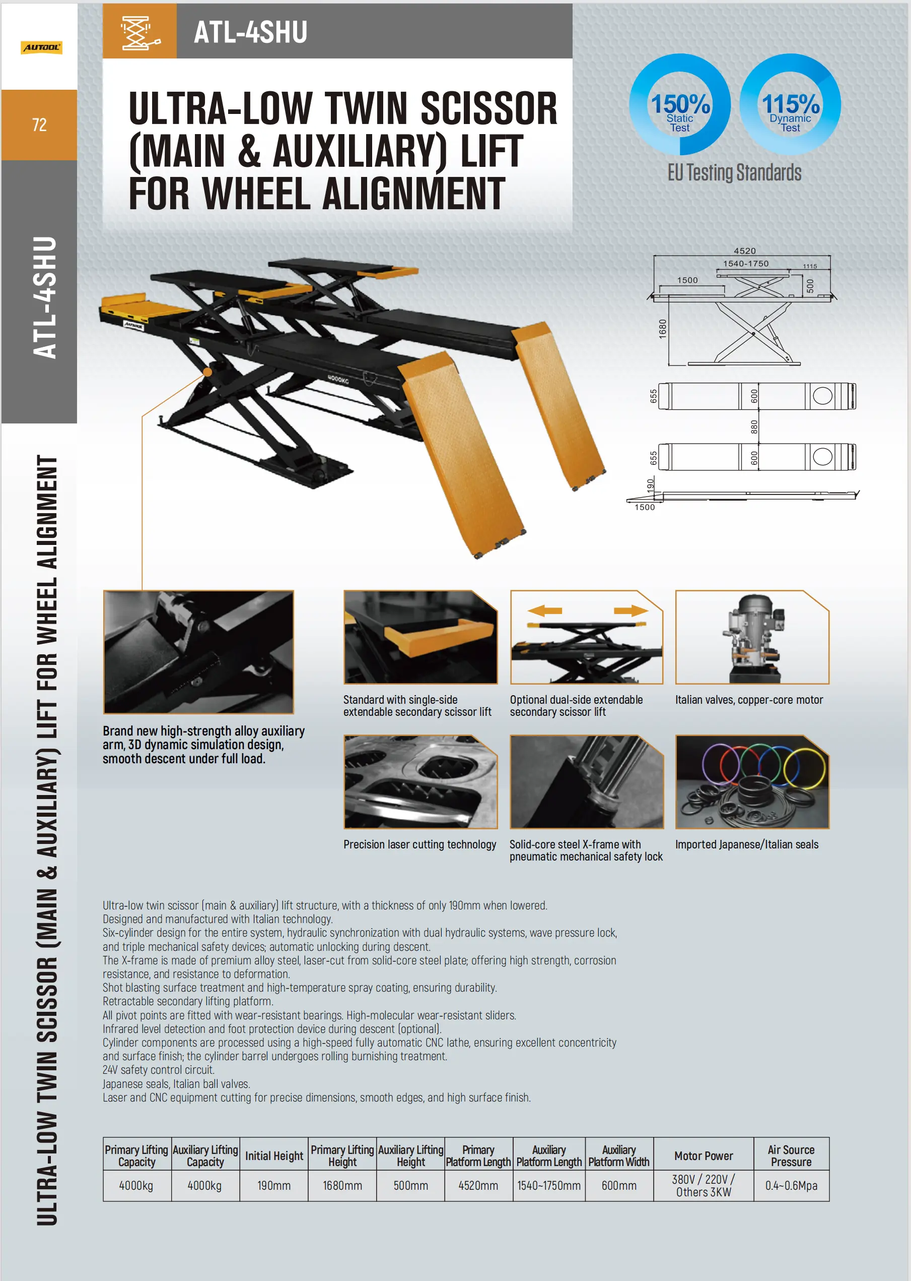 AUTOOL ATL-4SHU ultra-low twin scissor lift product specifications and feature reference image