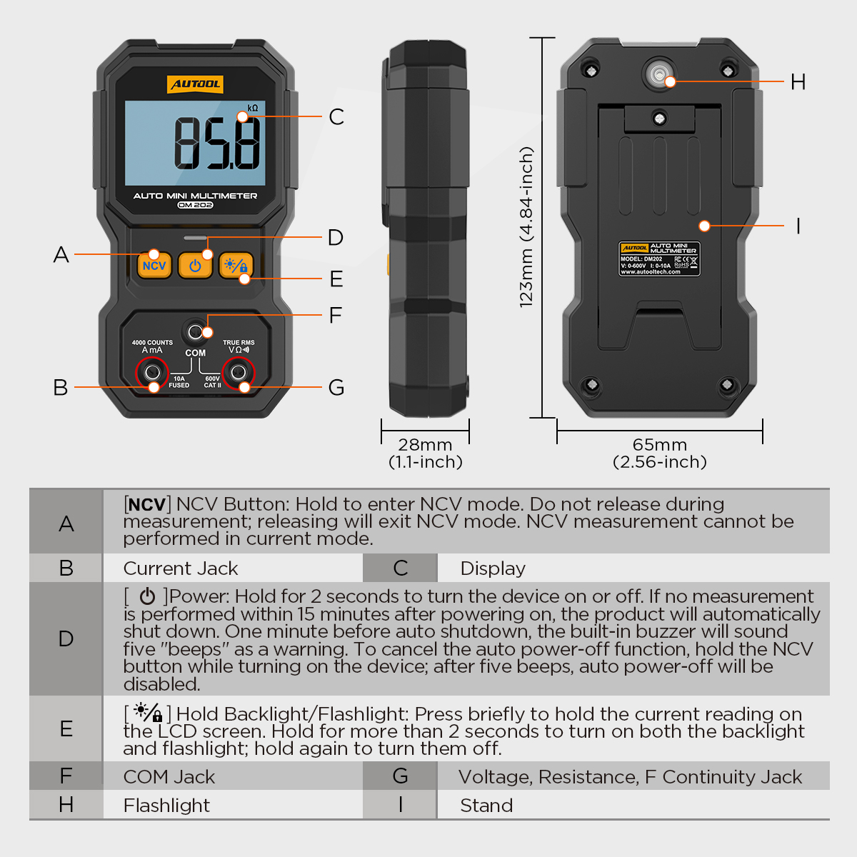 AUTOOL DM202 size components button layout and jack information
