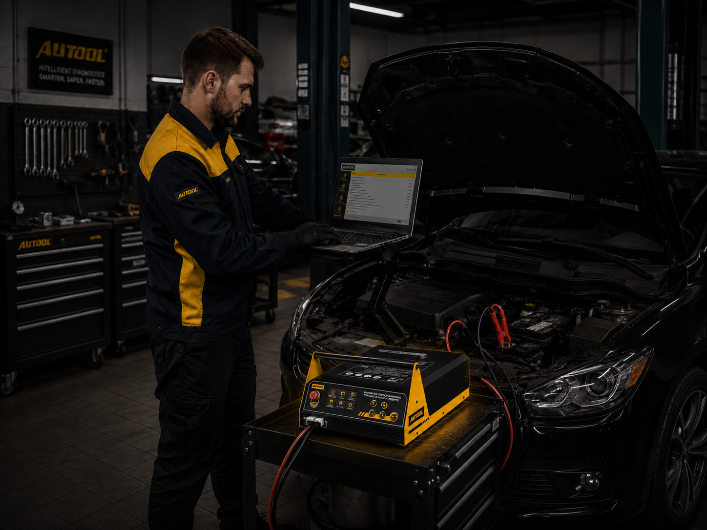 AUTOOL Inverter Programming Power Supply being used by a technician during car ECU programming.