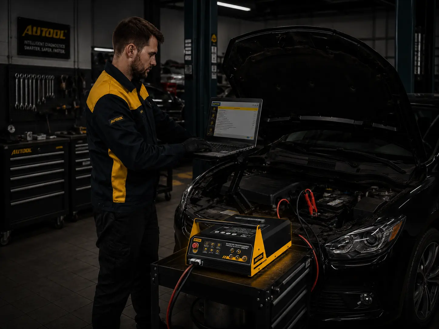 AUTOOL Inverter Programming Power Supply being used by a technician during car ECU programming.