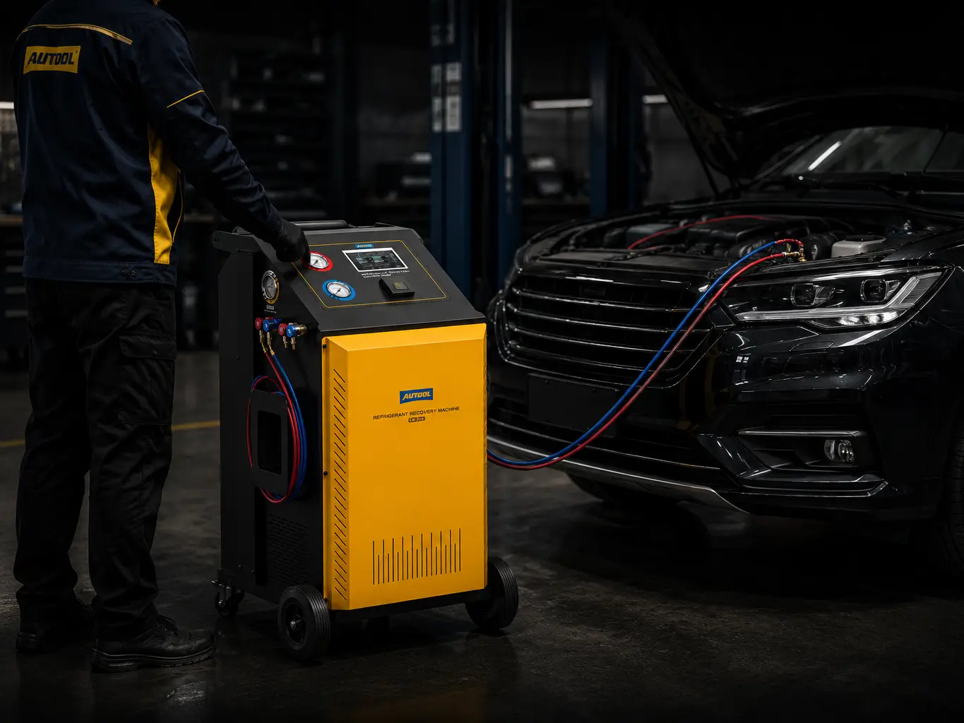Professional AUTOOL automotive air conditioning refrigerant recovery and recharge station in use.