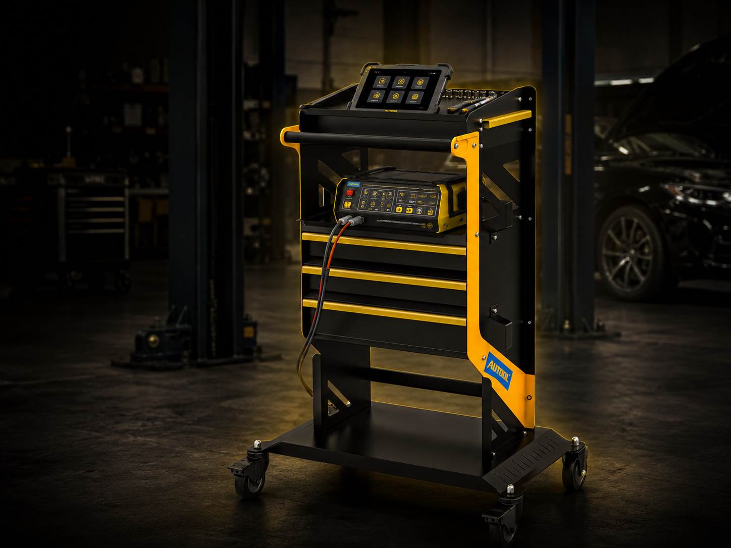 Professional AUTOOL workshop trolley with diagnostic equipment and tool drawers next to a vehicle.
