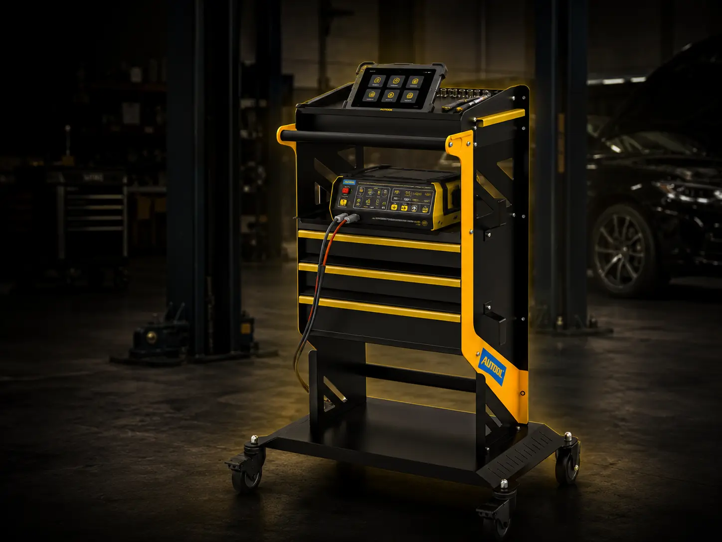 Professional AUTOOL workshop trolley with diagnostic equipment and tool drawers next to a vehicle.