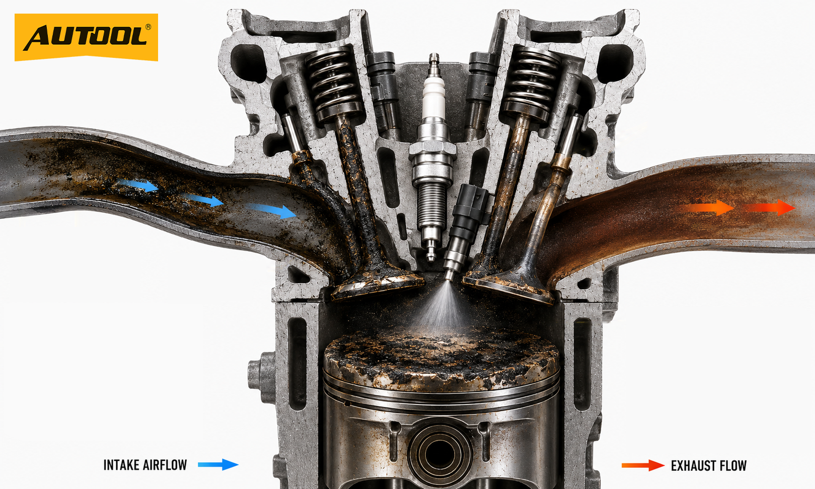 AUTOOL HTS engine carbon deposit guide showing intake manifold, intake valve, and combustion chamber cleaning areas