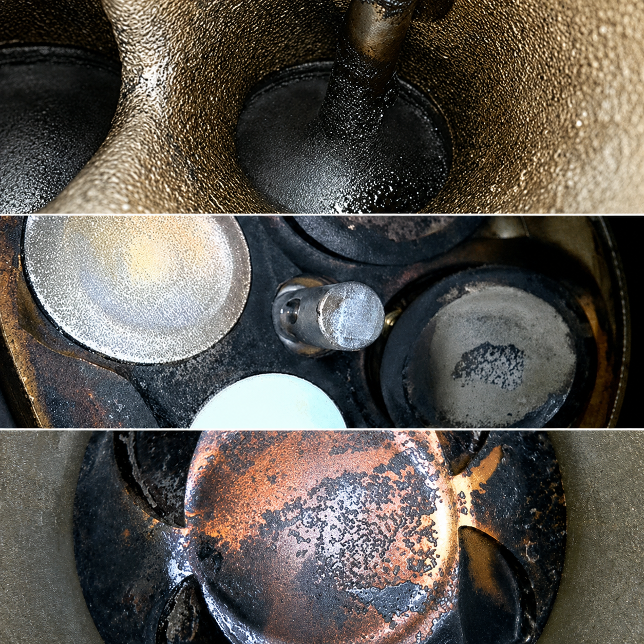 Engine intake valve with visible carbon buildup before walnut blasting