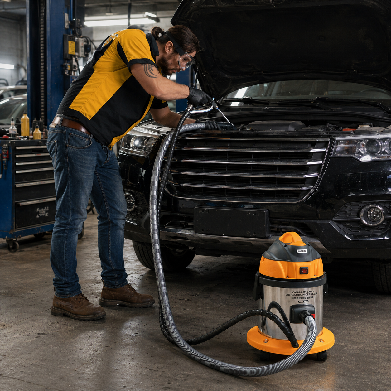 Mechanic using AUTOOL HTS walnut blasting machine for GDI intake valve carbon cleaning