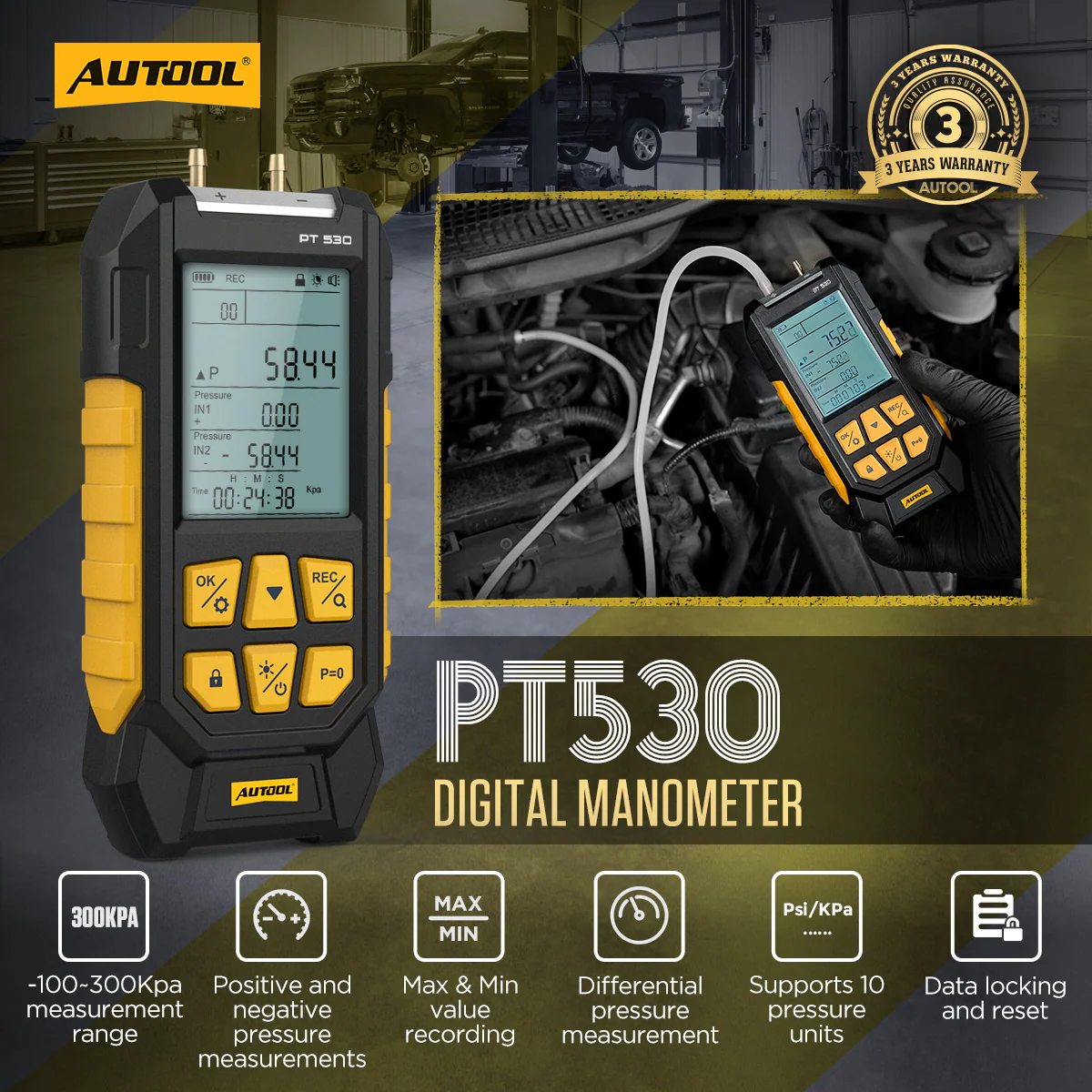 AUTOOL PT530 Digital Manometer Dual Port Pressure Gauge main product image