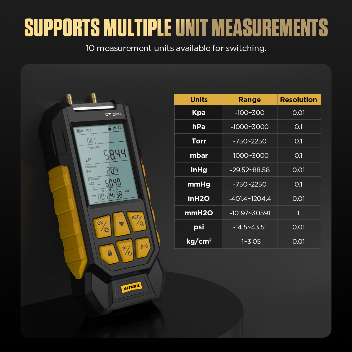 AUTOOL PT530 pressure unit range and resolution image