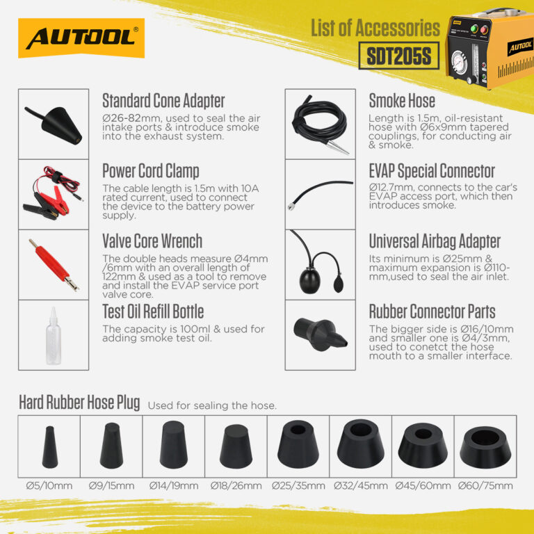 AUTOOL SDT205S smoke leak detector accessories adapters and rubber plugs