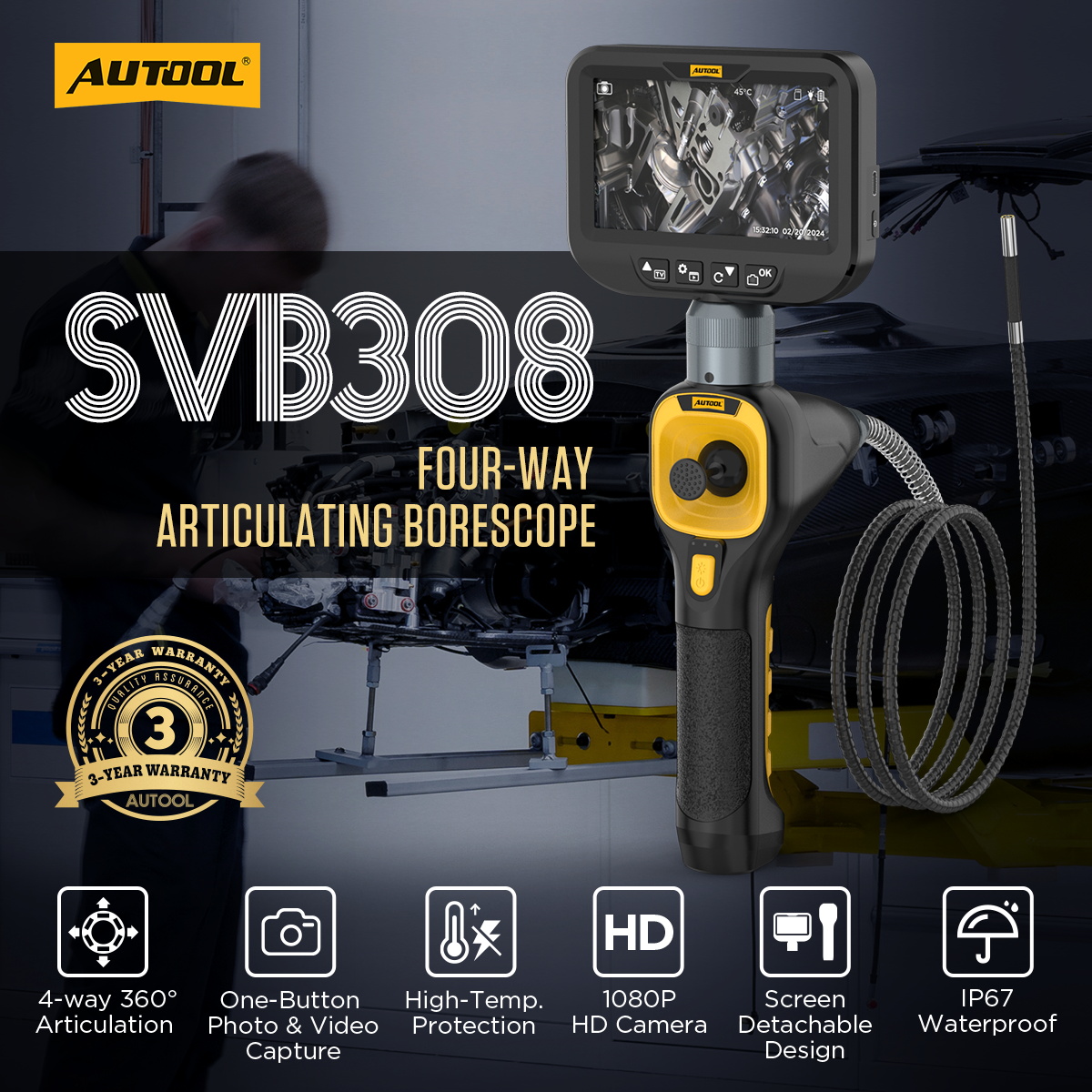 AUTOOL SVB308 car inspection camera four-way articulating borescope main product image