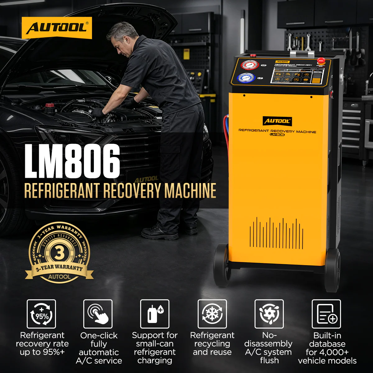 Front view of AUTOOL LM806 R134a automotive A/C recovery machine