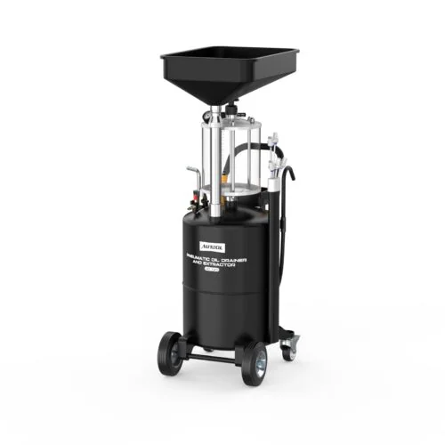 AUTOOL OD720 pneumatic oil drainer and extractor with drain pan, clear measuring chamber, hoses and wheeled collection tank.