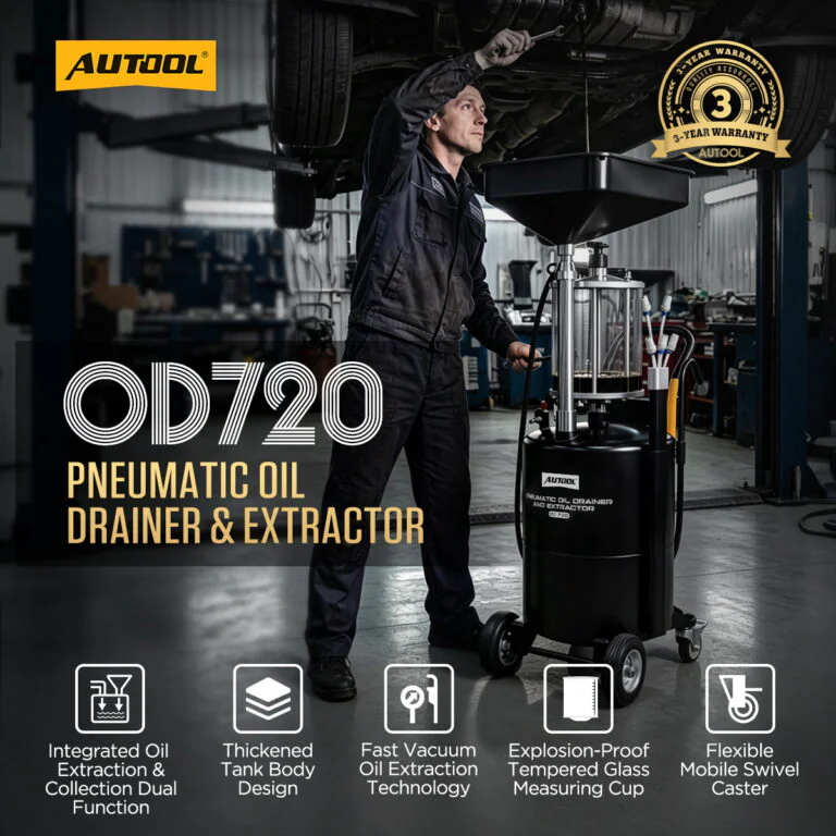 AUTOOL OD720 in an auto workshop with a mechanic, a three-year warranty badge and icons for five key oil service features.