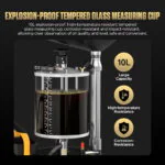 Close-up of the AUTOOL OD720 10 L tempered glass measuring cup filled with used oil, with heat and corrosion resistance callouts.