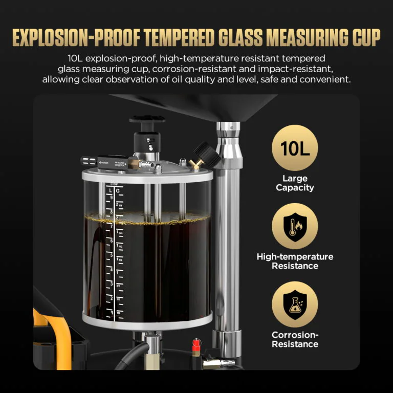 Close-up of the AUTOOL OD720 10 L tempered glass measuring cup filled with used oil, with heat and corrosion resistance callouts.