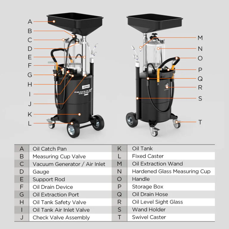 AUTOOL OD720 front and rear component diagram with parts labeled A through T and a corresponding component list.
