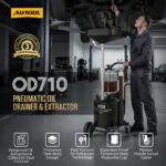 Mechanic uses the AUTool OD710 beneath a raised vehicle, with icons highlighting extraction, tank, vacuum, measuring cup and caster features.